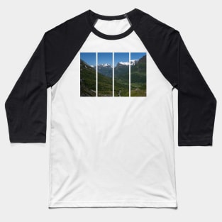 Wonderful landscapes in Norway. Vestland. Beautiful scenery of mountain valley in Djupevatn on the Geiranger -Trollstigen scenic route. Snowed mountains and winding roads in background Baseball T-Shirt